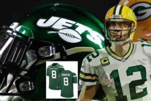 Aaron Rodgers JETS Green quarterback New York retired jersey no 8 no 12 Joe Namath season NFL award packers win garrett wilson sauce gardner joe douglas robert saleh team super bowl contest schedule most valuable player award win trophy tickets score game match half time result move city team league auction play