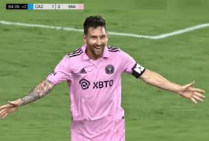 Lionel Messi celebrating his debut goal as Inter Miami defeats Cruz Azul with a last-second free-kick winner.