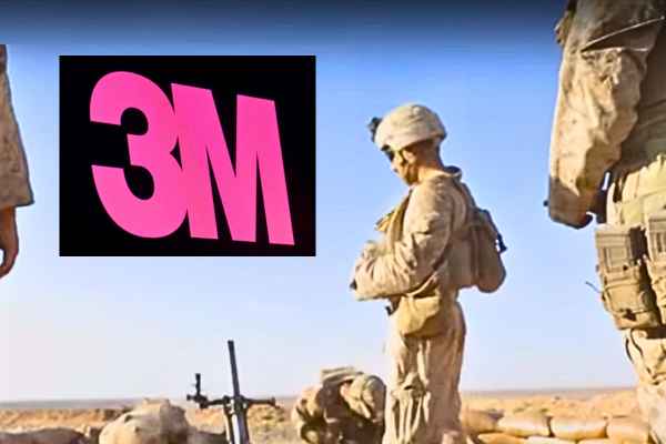 A US military soldier stands in alert stance on a war ground, equipped with his gun and military armor, including the 3M Combat earplugs, The faulty earplugs caused US military to file a lawsuit against 3M for damages such as hearing loss. 3M reached a settlement of 6 Billion dollars.