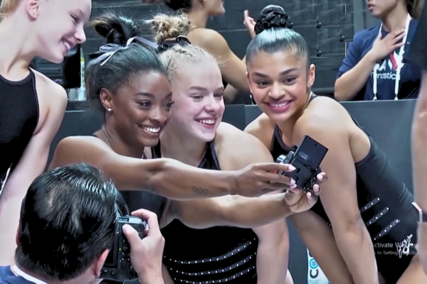 Olympic gymnast Simone Biles taking a celebratory selfie with her team after winning her 8th title at the US Gymnastics Championship in San Jose, California.
