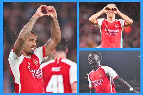 Arsenal Players - Gabriel Jesus, Leandro Trossard, and Bukayo Saka. Arsenal Wins 4-0 against PSV.