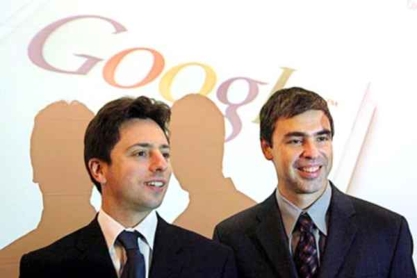 Sergey Brin and Larry Page with Google Logo - Pioneers of Google