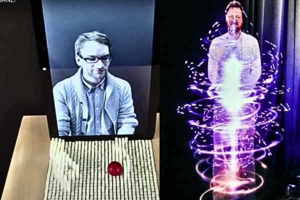 Holograms : (Left side of the image - MIT's inFORM Dynamic Shape Display): MIT's inFORM Dynamic Shape Display in action. (Right side of the image - Rory Elliott beamed into ARHT Media's Toronto office): Rory Elliott's holographic presence in ARHT Media's Toronto office