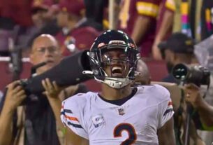 DJ Moore celebrates a touchdown in NFL Chicago Bears victory
