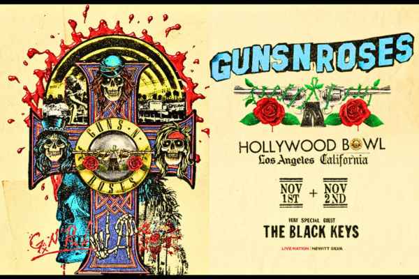 Hollywood Bowl cover art for the November 2023 concerts featuring Guns N' Roses and The Black Keys.