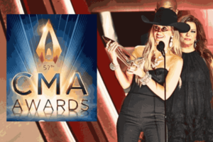 Lainey Wilson beaming with joy, holding the prestigious CMA Awards 2023 trophy in hand, a testament to her remarkable triumph as Entertainer of the Year.