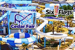 Cedar Fair and Six Flags Merger: Theme Water Park Background with Merged Logo in Foreground