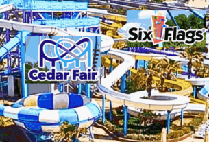 Cedar Fair and Six Flags Merger: Theme Water Park Background with Merged Logo in Foreground