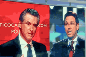 Cover photo of the intense Debate Tonight with Newsom and Ron facing off