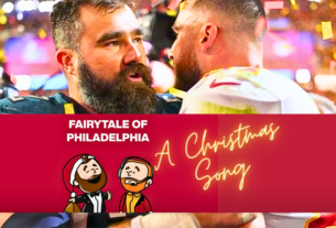 Image featuring Travis and Jason Kelce with 'Fairytale of Philadelphia' music cover inset - representing the Kelce brothers' journey.