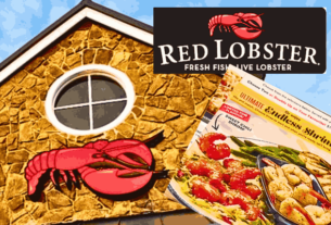 Red Lobster restaurant front showcasing logo and 'Ultimate Endless Shrimp' offer leaflet
