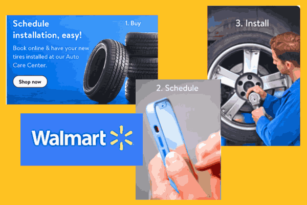 Walmart Tires logo with a diverse range of tires showcased, emphasizing quality and affordability for vehicle owners.