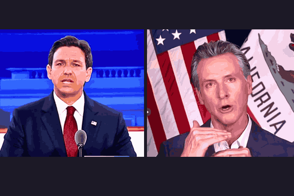 Side-by-side debate clip featuring Newsom and Ron discussing in a past Debate Tonight