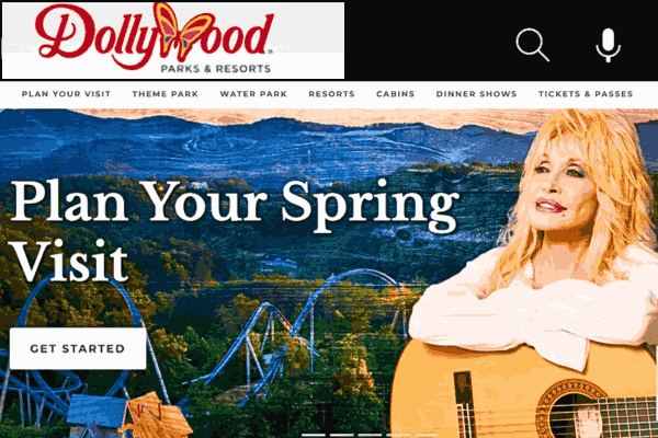 Cover page of Dollywood website featuring Dolly Parton, reflecting her influential business ventures and net worth.