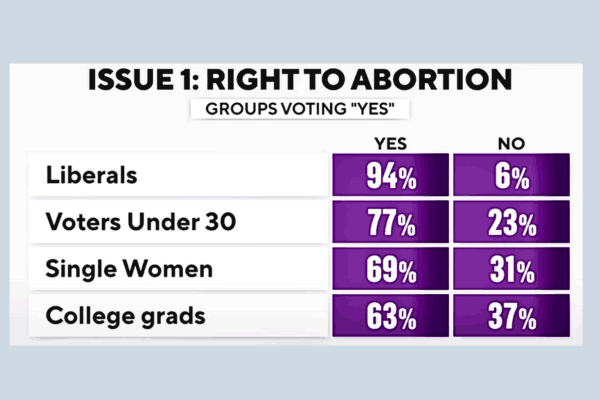 statistics on groups that voted 'Yes' on Issue 1 - Right To Abortion, part of Election Results 2023.