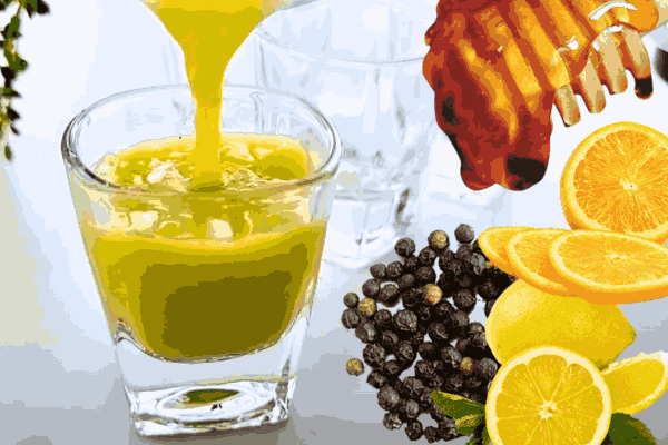 Pouring ginger-citrus Immunity Shot into a glass, surrounded by ingredients for crafting 'Immunity Shots