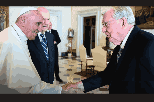 M Russell Ballard meets Pope Francis at the Vatican, marking a historic moment.