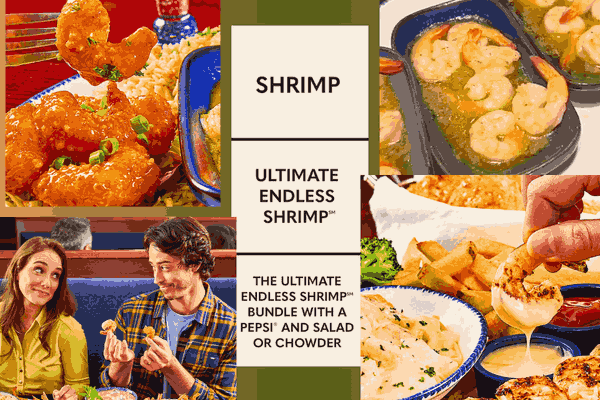Delicious array of unlimited shrimps with happy couple enjoying at Red Lobster
