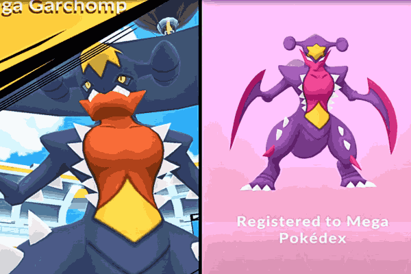 Mega Garchomp on the left and Shiny Mega Garchomp on the right, a powerful duo in the world of Pokemon GO, showcasing the Garchomp evolution journey.