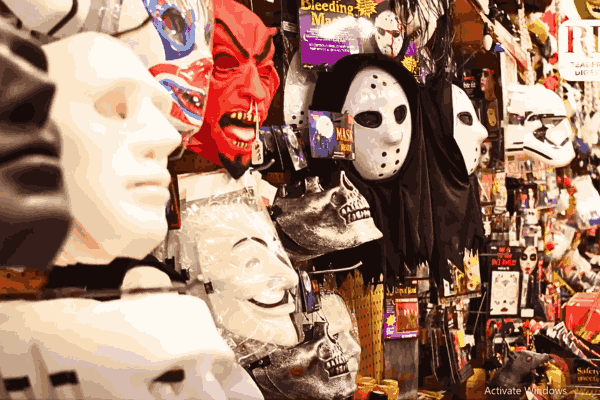Spirit Halloween masks on sale in retail shops for Halloween celebrations