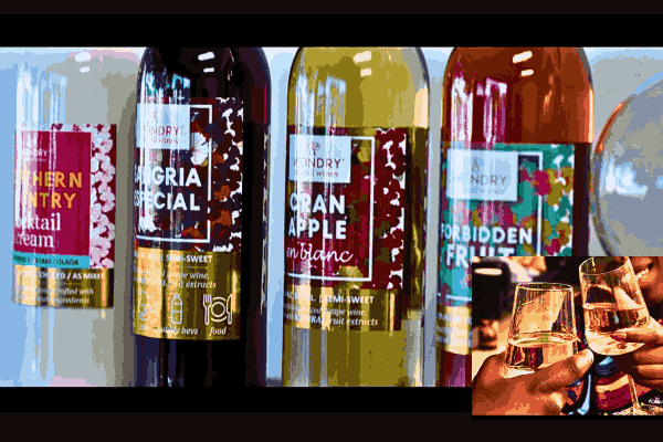 Display of unique Wondry Wine bottles showcasing diverse flavors