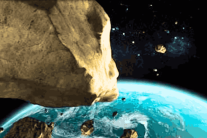 Asteroid Launcher depicting an asteroid hurtling towards Earth in simulation