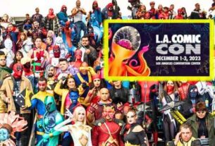LA Comic Con 2023 logo and colorful comic star participants at the event