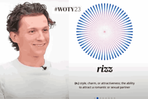 Image showing RIZZ crowned as the Word of the Year 2023 with Tom Holland on the left