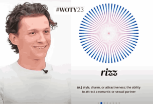 Image showing RIZZ crowned as the Word of the Year 2023 with Tom Holland on the left