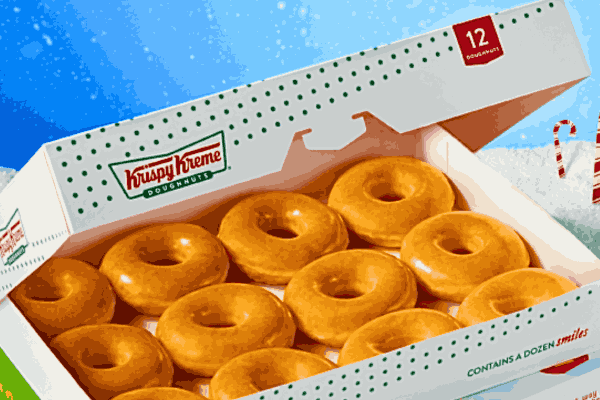 Krispy Kreme $1 Dozen Deal box filled with glazed doughnuts, tempting offer