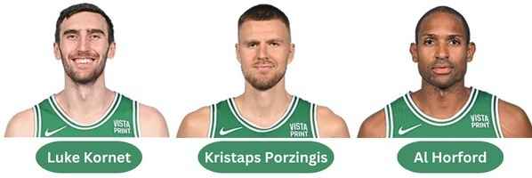 Luke Kornet, Kristaps Porzingis, and Al Horford strategizing for Magic vs Celtics