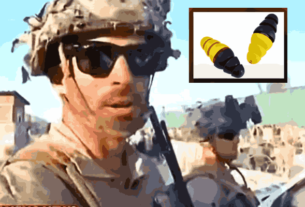 Duty-bound soldier with a pair of 3M earplugs inset – Unveiling the 3M Earplug Lawsuit impacting military personnel's hearing protection.