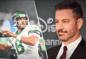 Jimmy Kimmel and Aaron Rodgers, central figures in the Epstein List controversy, stand side by side in a tense image.