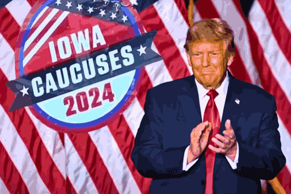 Donald Trump celebrates victory at the Iowa Caucus 2024, showcasing his dominance in the Republican nomination race.