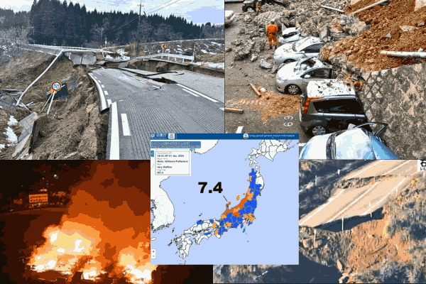 A carousel of images depicting damages caused by the Japan Earthquake, alongside a map showing the epicenter.