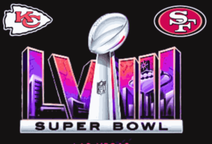 Super Bowl LVIII logo featuring Chiefs vs 49ers matchup alongside team logos in iconic showdown.
