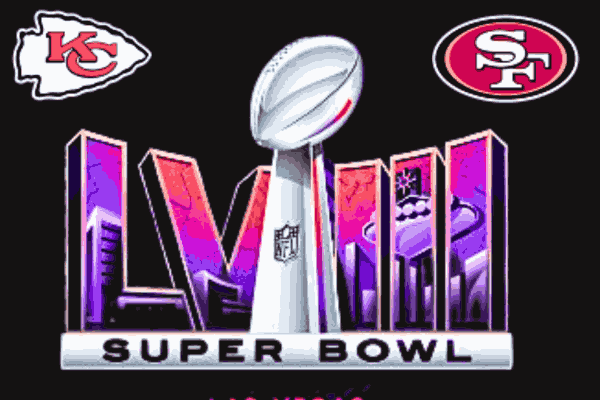 Super Bowl LVIII logo featuring Chiefs vs 49ers matchup alongside team logos in iconic showdown.
