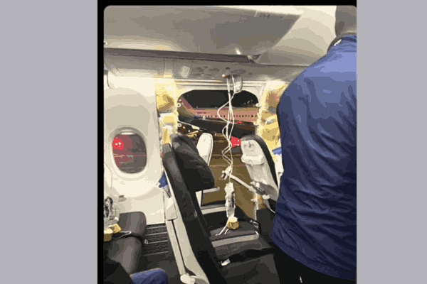Interior of Alaska Airlines Boeing 737 MAX 9, wall missing due to mid-air emergency
