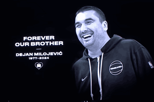 Portrait of Coach Milojević - A heartfelt tribute in the Warriors vs Hawks match, capturing the spirit of the emotional game.