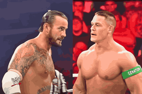 Face-to-face encounter between wrestling titans CM Punk and John Cena in preparation for the ROYAL RUMBLE 2024, a highly anticipated WWE battle.