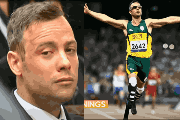 Oscar Pistorius running on the track, a representation of his athletic career before the tragic events involving Reeva Steenkamp.