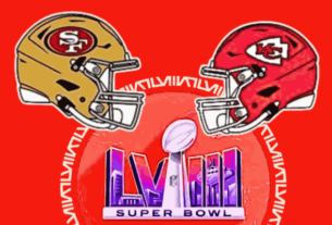 Illustration of Chiefs and 49ers helmets facing off in anticipation of Super Bowl LVIII matchup