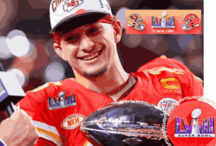 Patrick Mahomes holding the Lombardi Trophy after securing victory in Super Bowl LVIII, emphasizing the Super Bowl Score.