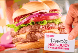 A delicious Wendy offering of Wendy's Cheeseburger from Dave's with cheese, lettuce, tomato, and a juicy beef patty.