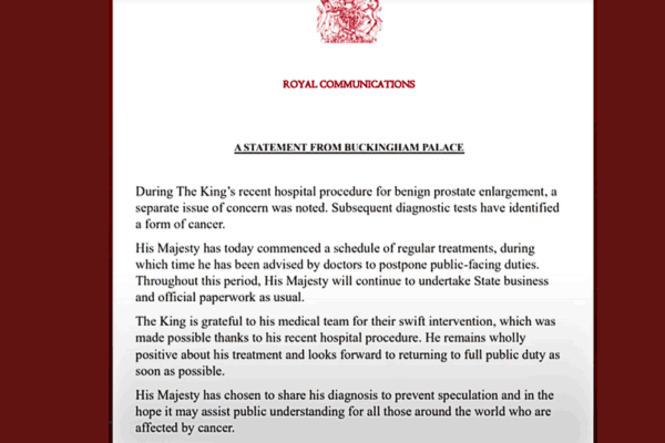 Official Royal Communications letter announcing King Charles III's cancer diagnosis and treatment.