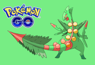 Illustration of Mega Sceptile in Pokémon GO raid battle with trainers. Learn how to strategize and defeat Sceptile in Mega Raids.
