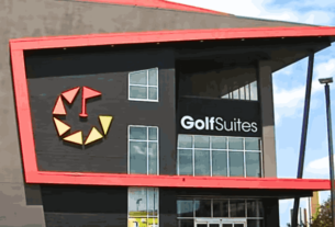 A photo of GolfSuites at Riverwalk Crossing, emphasizing the uncertainty surrounding its eviction and the future of the shopping center.