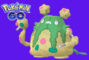 A colorful illustration of Garbodor, a Trash Heap Pokémon, surrounded by swirling energy in a Pokémon GO battle arena.