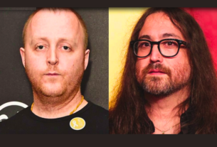 James McCartney and Sean Ono Lennon sitting together with guitars, representing their collaboration on "Primrose Hill.