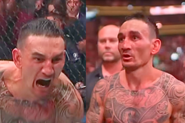 Max Holloway celebrates his BMF title victory at UFC 300.